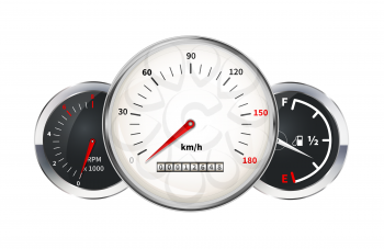 Set of car dashboard elements. Speedometer, tachometer, fuel level, indicators isolated on white