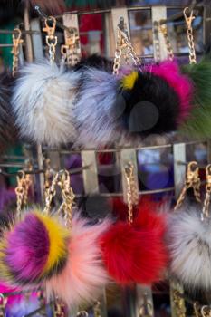 Set of the colorful  pompoms in the bazaar