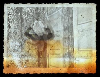 Vintage burned photograph of ghost in haunted house. Abstract illustration.