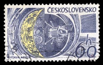 CZECHOSLOVAKIA - CIRCA 1965. Vintage postage stamp with lunar space probe approaching the moon illustration, circa 1965.