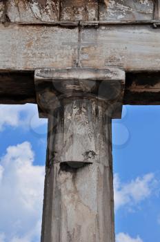 Detail of doric column and faded inscription at the Gate of Athena Archegetis. Roman Agora, Athens Greece.