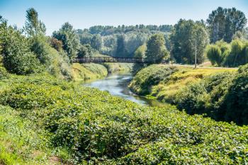 A metal walking bridge spans the Green River in Washington State.