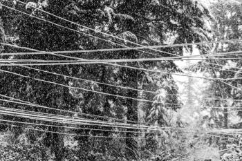 Snow falls on crisscrossing wires above a city street.