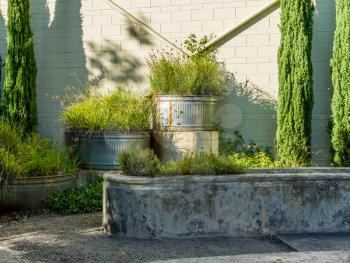 A view of giant metal planters in Seatac, Washington.