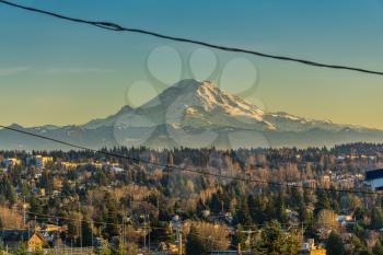 A view of Mount Rainier from Des Moines, Washington.