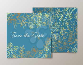 Trendy card with flower for weddings, save the date invitation, valentines day  cards. Contemporary glamour  template decorated with gold sequins.