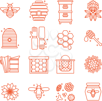 Set of icons of beekeeping. Honey, Apiary, hives, bees, equipment, flowers. For eco products of beekeeping, cosmetics medicine In a linear style