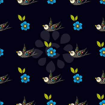 Swallows and flowers in an old-style tattoo. The day of the Dead. A seamless pattern on a black background. Texture for vintage scrapbooking, wrapping paper, textiles, web page, textile wallpapers, surface design, fashion