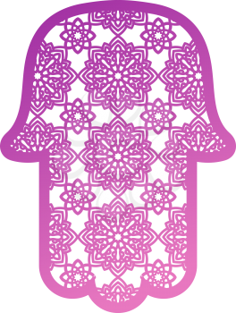 Laser cutting template greeting card Hamsa. Protective amulet in the shape of the palm, which is used by Jews and Arabs. Another name the hand of God. Rich ornamented panel. Cutting file. Vector.