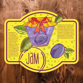 Sweet and healthy homemade jam plum paper label  vector illustration