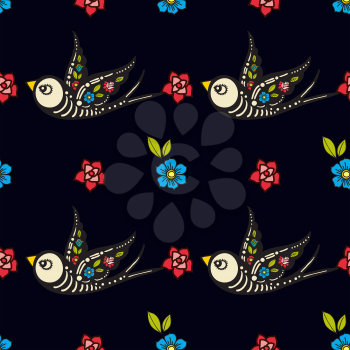 Swallows and flowers in an old-style tattoo. The day of the Dead. A seamless pattern on a black background. Texture for vintage scrapbooking, wrapping paper, textiles, web page, textile wallpapers, surface design, fashion