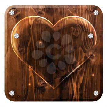 Heart of glass, a plate, on a wooden texture background