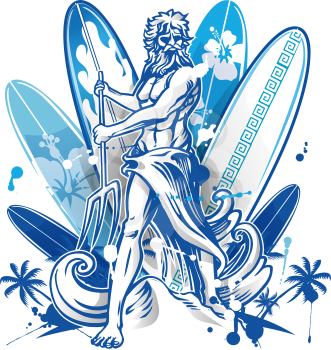 poseidon surfer on blue surfboard background with palm tree