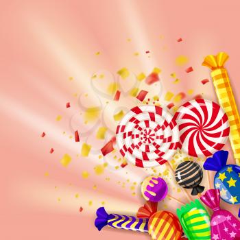 Template different sweets colorful background. Set lollipops, candies dragee, peppermint, macarons, chocolate, caramel on light rays shine, colour confetti background