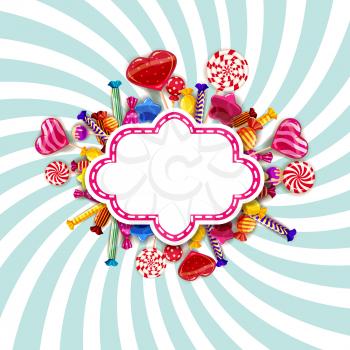 Candy shop frame template background with set of different colors of candy