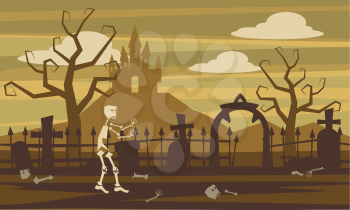 Mystic mysterious landscape, skeleton character cemetery, Halloween, castle, vector illustration cartoon style