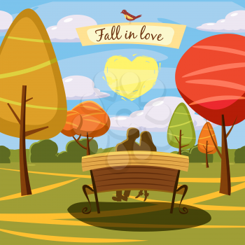 Autumn landscape, bench, lovely couple. heart, trees and fall leaves, similar, vector illustration cartoon style