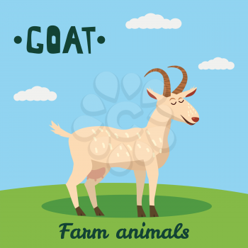 Cute Goat farm animal character, farm animals, vector illustration on field background