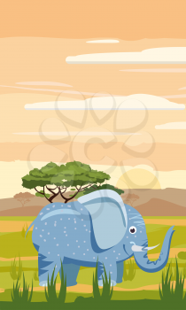 Elephant cute cartoon style in background savannah Africa, isolated