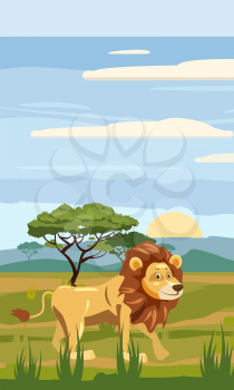 Cute cartoon lion on background landscape savannah Africa illustration, vector
