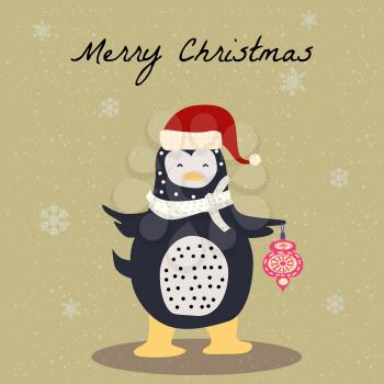 Merry Christmas Cute Penguin with scarf, hat and toy card. Hand drawn character illustration vector isolated poster