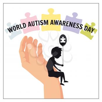 Autism, a small lonely boy sits on the hand of an adult, against a background of puzzles, vector, illustration