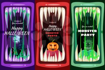 Creepy Halloween party banner scary monster character teeth jaw in mouth closeup spittle