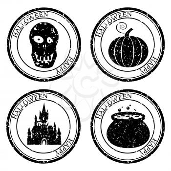 Set Halloween Stamp Postal. Pumpkin Cauldron Scull Castle Silhouette Seal. Passport Round Design. Vector Icon. Design Retro Travel.