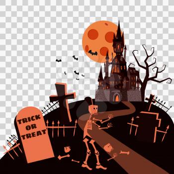 Happy Halloween Card Template Background, Moon Skeleton Cemetery Castle Bats Spooky