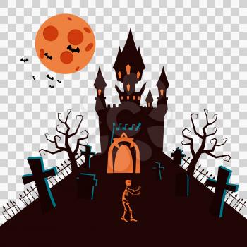 Happy Halloween Card Template Background, Dark Castle Cemetery Bats