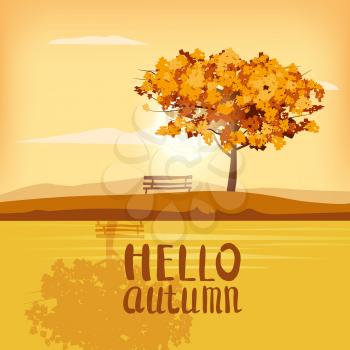 Autumn landscape lettering tree yellow red brown leaves fall sunset mood panorama river