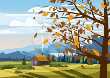 Autumn countryside rural landscape tree yellow red orange color of leaves forest farm house