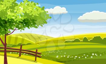 Felds and hills rural landscape. Cartoon countryside valley with green hills trees flowers blue sky