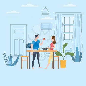Smiling man and woman standing in kitchen, eating snacks and feeding each other. Happy boy and girl having breakfast lunch. Cute couple enjoying food together. Flat cartoon vector illustration.