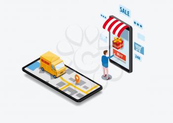 Shopping Online and Online Delivery Concept. Smartphone with online store, truck, buyer
