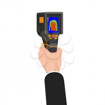 Hand holds Thermal scaner camera infrared. Portable Visualize temperature differences thermometer, thermographic for the environment and people