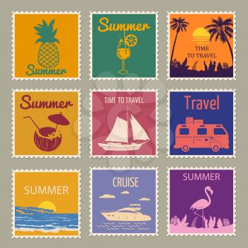 Set Postage stamp summer vacation Sunset Watermelon Jar Ice Cream Yacht Van Sailboat Pineapple Flamingo