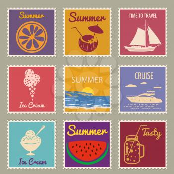 Postage stamp summer vacation Sunset Watermelon Jar Ice Cream Yacht Van Sailboat