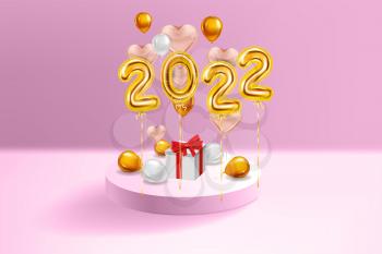 Happy New Year 2022 Gold balloons, pink hearts, stage podium, gift box. Golden foil numerals, balloons with, confetti, ribbons, poster, banner. Vector realistic 3D illustration isolated