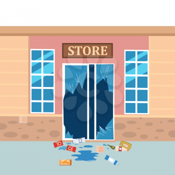 Store broken. Robbery concept. Broken doors facades of store