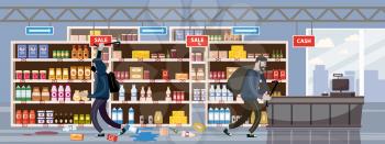 Supermarket broken. Robbery concept. Crime scene vandalism, looting looters