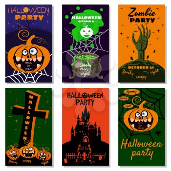Set Halloween holiday greeting card merry pumpkin, spider web, deads, witch, cemetery, cauldron. Template banner, flyer, poster vector illustration