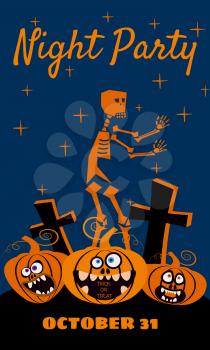 Halloween holiday Night Party greeting card merry pumpkins in a rising dead cemetery. Template banner, flyer, poster. Vector illustration