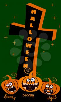 Halloween holiday Night Party greeting card merry pumpkins in cemetery. Template banner, flyer, poster. Vector illustration