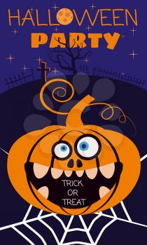 Halloween Party holiday greeting card merry pumpkin in spider web. Template banner, flyer, poster vector illustration