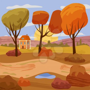 Autumn landscape, city park. Fall, trees in yellow orange foliage, alley, path. Vector background illustration, poster isolated