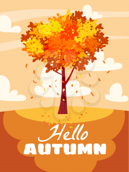 Hello Autumn landscape, city park. Fall, trees in yellow orange foliage, alley, path. Vector background illustration, poster isolated