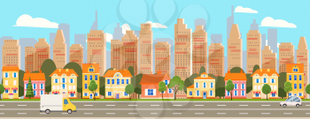 City landscape seamless horizontal illustration. Cityscape skyscrappers, suburban houses, downtown. Vector cartoon style isolated