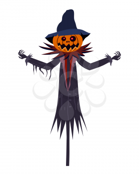 Scarecrow character Halloween with a Jack O Lantern head pumpkin in ripped coat isolated on white background