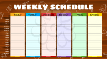 School Schedule weekly, hand drawn sketch icons of school supplies, pencils on woodboard. Vector template schedule, cartoon style illustartion